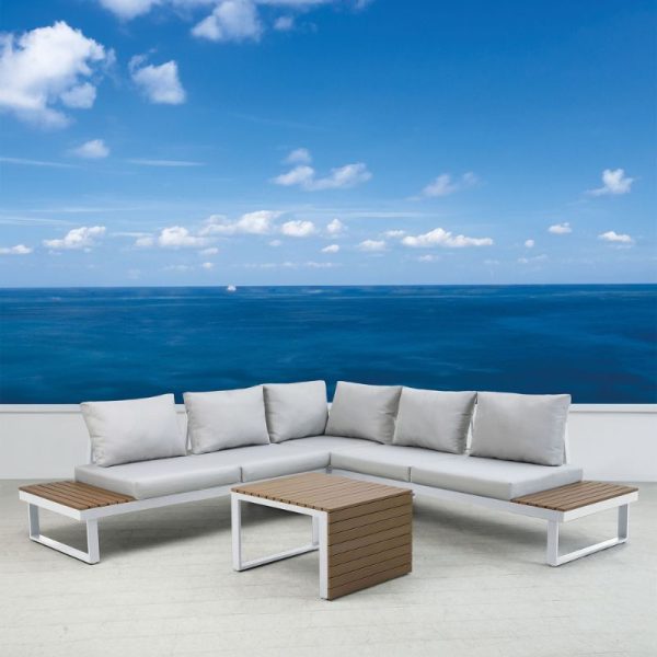 Set de muebles de exterior Alcudia para jardín y terraza. Cojunto de sofás, rinconera y mesa