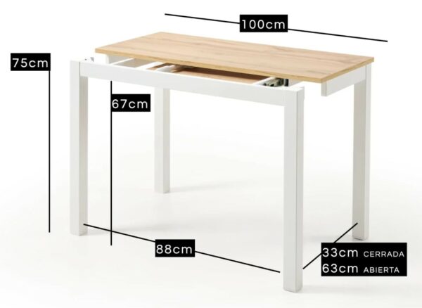 Medida mesa extensible Helda pata blanca tapa haya natural Medida mesa extensible Elda pata blanca tapa haya natural