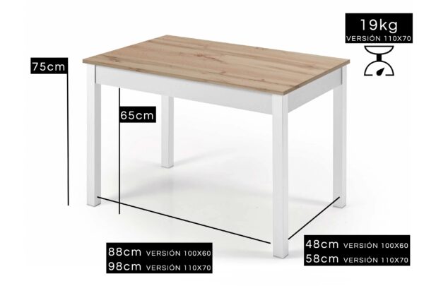 Medida mesa niza fija pata blanca tapa roble Medida mesa niza fija pata blanca tapa roble